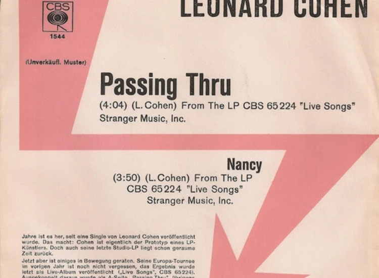 "7"", Single, Promo Leonard Cohen - Passing Thru / Nancy" ansehen
